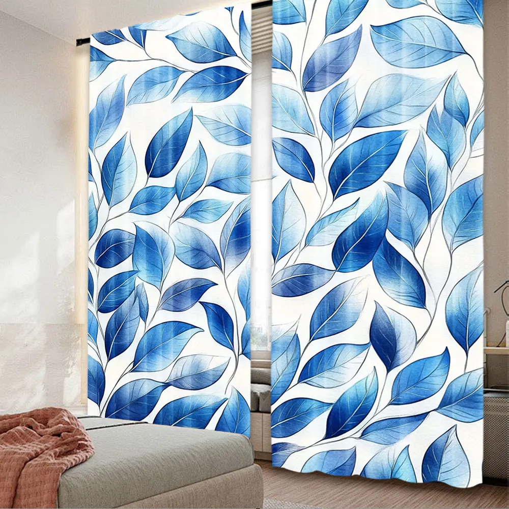 2Pcs Blue Leaf Curtain Leaf Print Botanical Design Modern Nature Concept Art Pattern Suitable For Bedroom Living Room