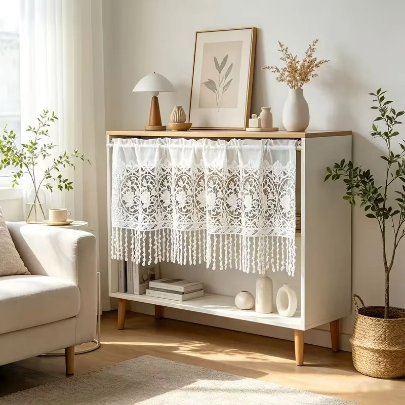 1pc Crochet Lace Tier Curtain, Hollow‑Out Tassel Short Valance Curtain for Cabinet Small Window Home Decor