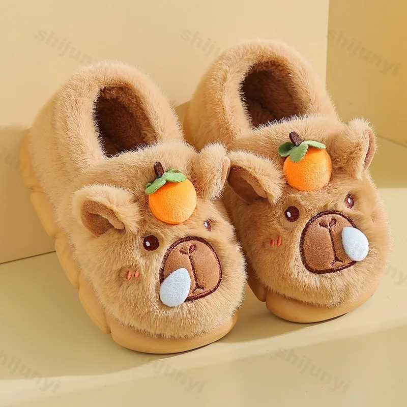 

Capybara Children Cotton Shoes Cute Fluffy Slippers 2025 Winter New Warm Comfortable Indoor Cartoon Plush Floor Home Slippers