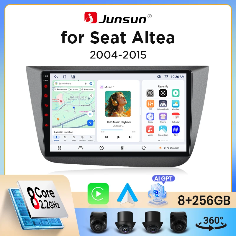 Autoradio Junsun sans fil CarPlay Android Auto pour SEAT Altea / Toledo Mk3 (5P) 2004-2015 avec ventilateur de refroidissement intégré, navigation GPS Android,