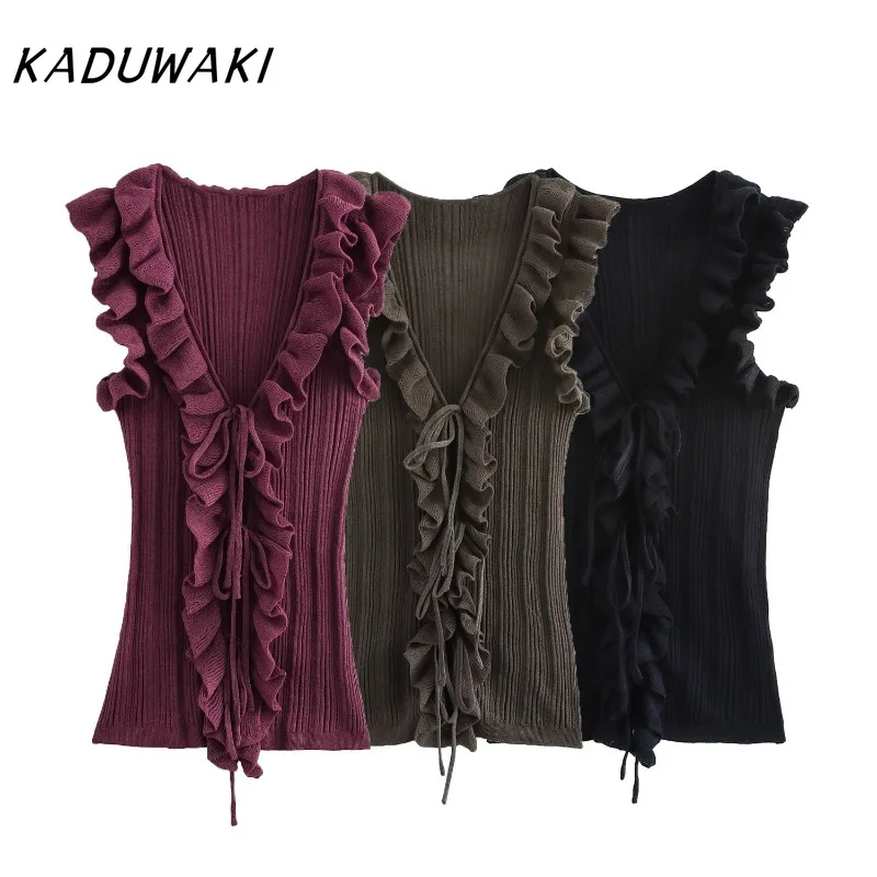 KADUWAK Fashion Retro V-neck Sleeveless Lady Style Knit Sweater Sexy Wooden Earring Tie Slim Streetwear Knitted Sweater 여성 반팔 니트