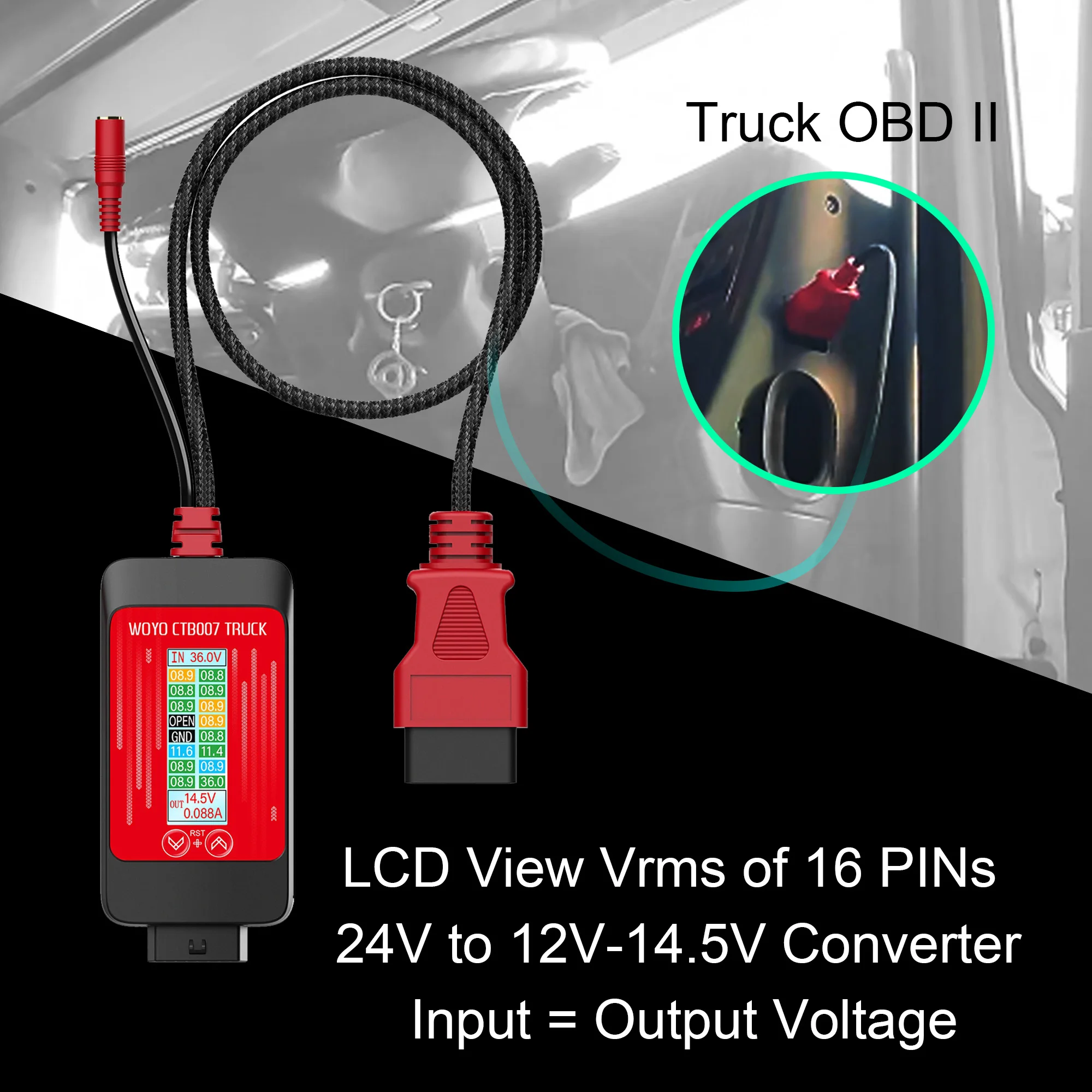 WOYO CTB007 TRUCK Regulated Output Voltage Converter 24V to 24V/12V-14.5V, LCD Displays Vrms/ Load-Side Current