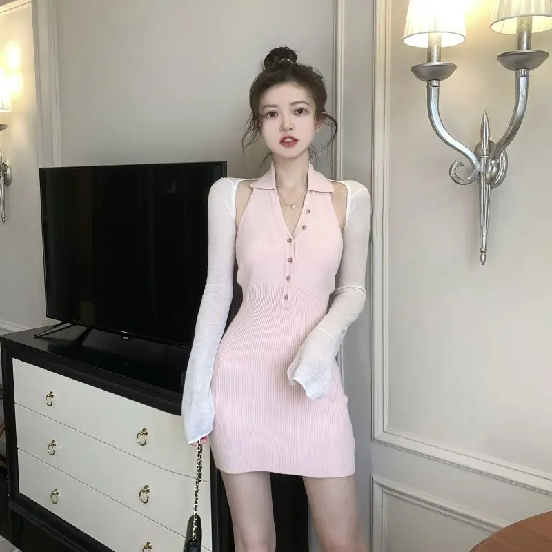 Korean Style Chic V-neck Vacation Dresses Women Summer Vintage Simple Solid Sweet Slim Backless Knitted Dress