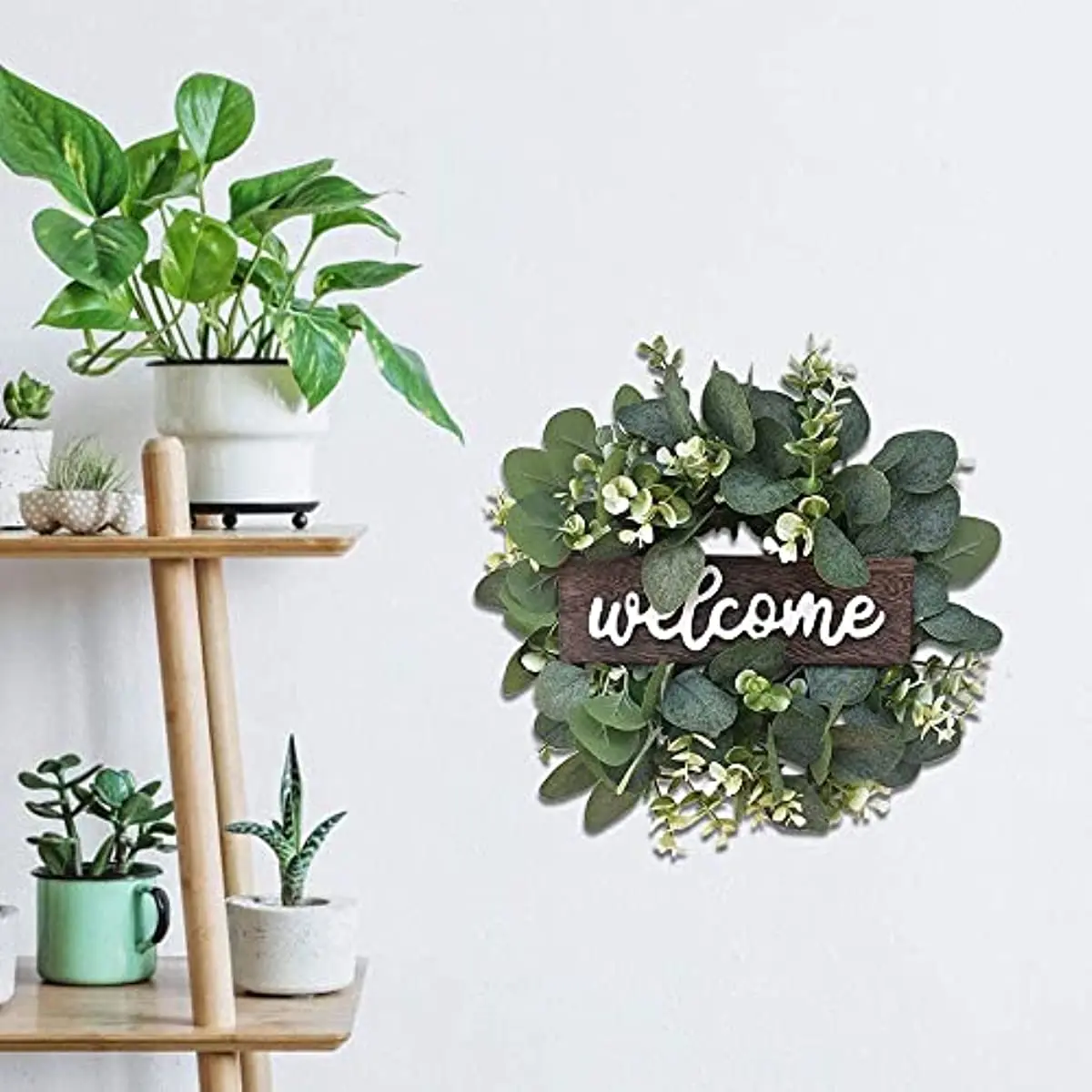 Green Eucalyptus Wreath with Welcome Sign Artificial Eucalyptus Wreath Spring Summer Wreath with White Berries for Front Door