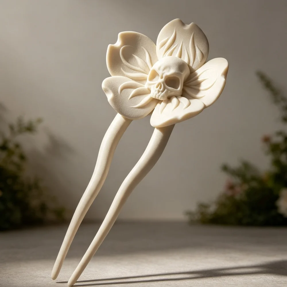 3D Printed Skull Flower Hair Fork Minimalist Gothic Hairpin For Women Daily Wedding Gift Decor