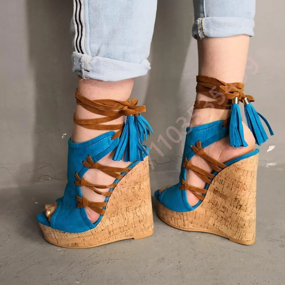2026 Retro Peep Toe Cork Wedge Heel Sandals Sexy Women Cross Lace Up Ankle Wrap Tassel Platform High Heel Summer Holiday Shoes