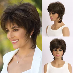 Womens Fashion Party Casual Full Wigs Natural Brown Short Hair Extensions Fluffy Curly Wavy Synthetic Hair Mommy Head Wigs