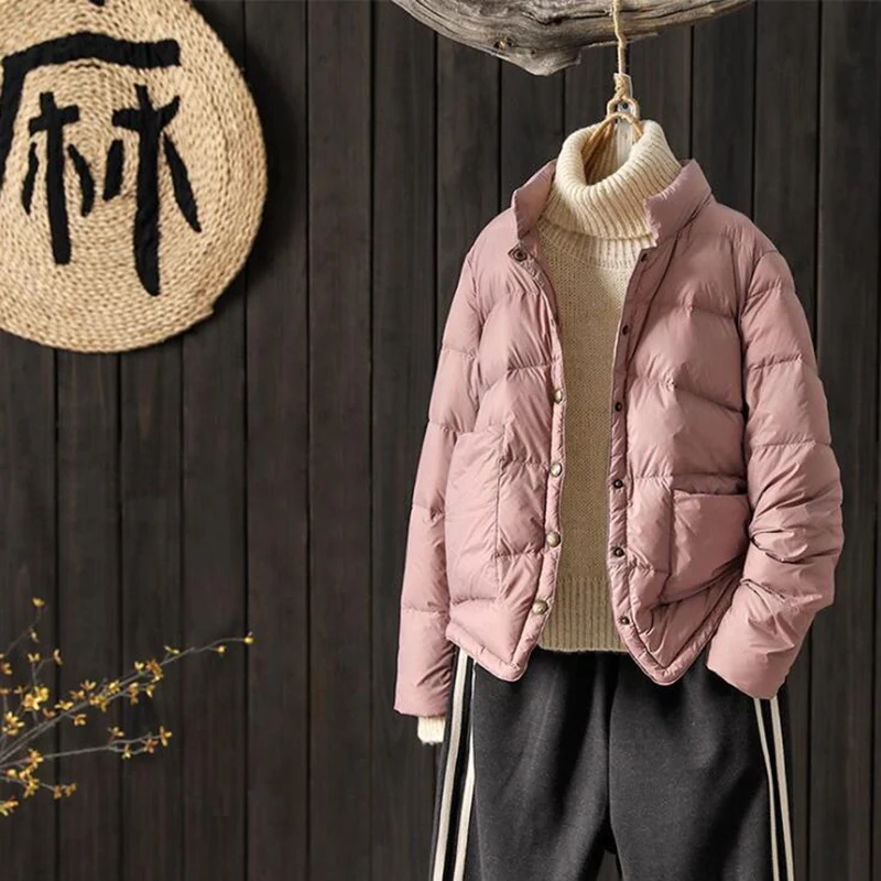 

Spring Duck Down Coat Women Ultra Light Thin Short Puffer Jacket Winter Slim Pocket Parkas