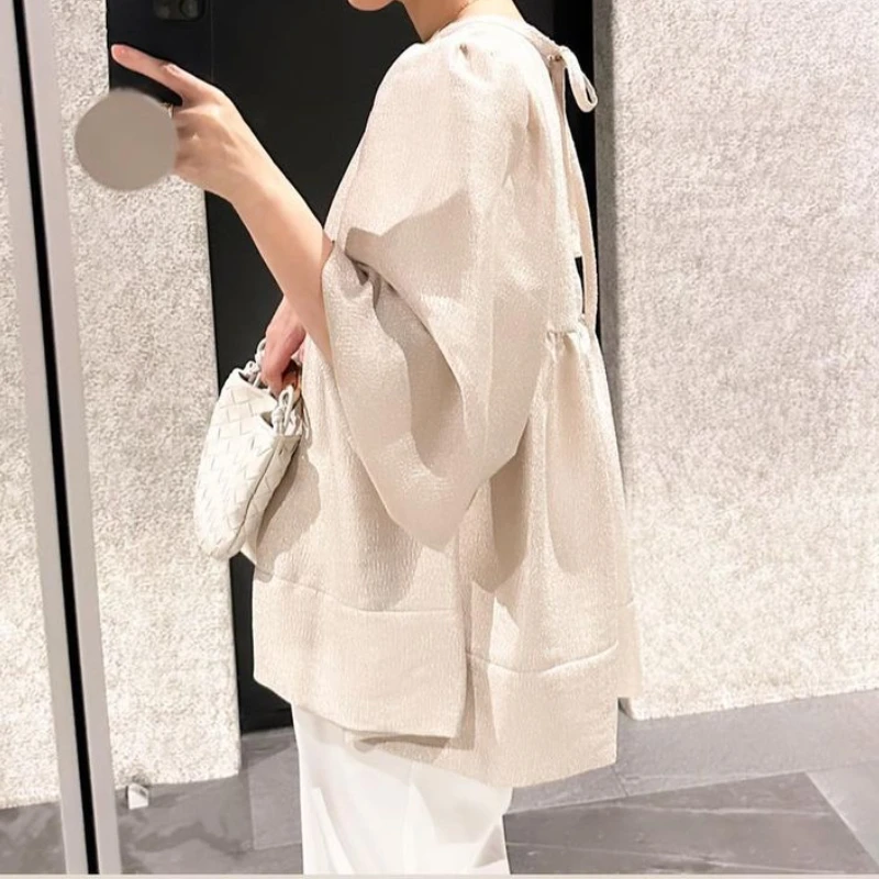 Kuzuwata Japanese New Stylish O-neck Chic Blouse Loose Solid Color Female Shirt Puff Sleeves Casual Female Simple Women Top