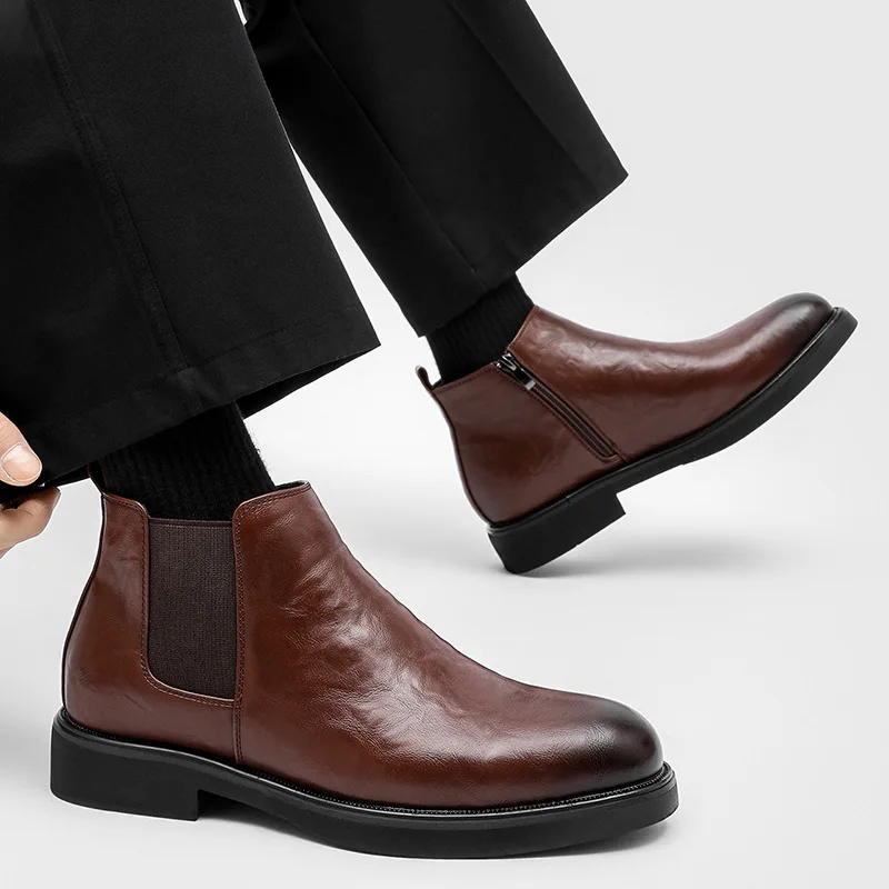 أحذية تشيلسي كاجوال للرجال لمكتب الأعمال باللون الأسود والبني سهلة الارتداء أحذية رعاة البقر الأصلية من الجلد قابلة للتنفس أحذية كاحل لطيفة #2