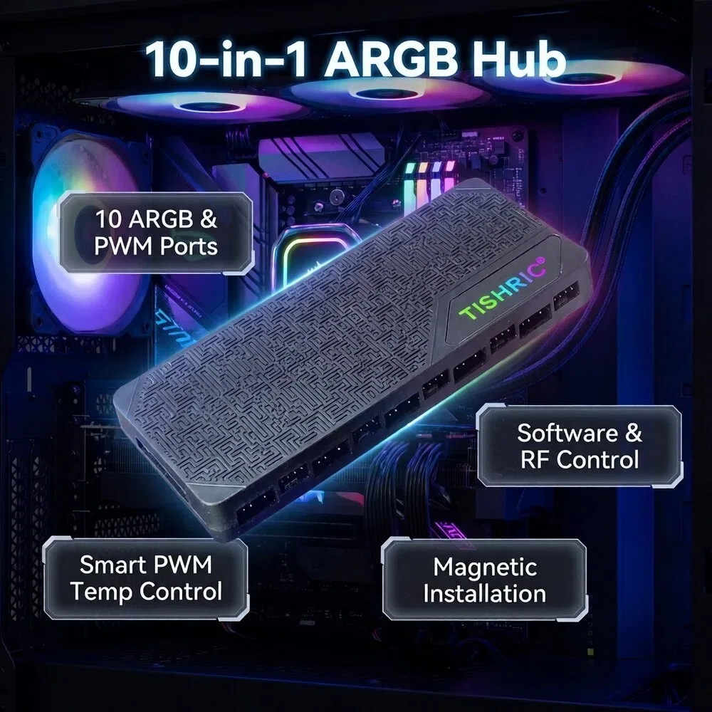 TISHRIC 1 To 9 10 Ports ARGB Hub Fan Controller Synchronized 5V 3/4PIN PWM SATA Power Magnetic Hub Computer Cooling Fan Splitter