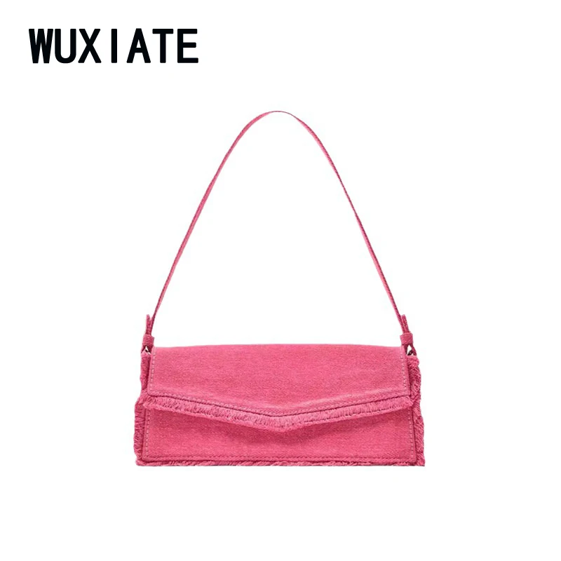 

WUXIATE Red Simple Denim Underarm Purse For Woman Casual Fashion Female Hobo Handbag 2023 Trend Frigle Ladies Shoulder Satchel