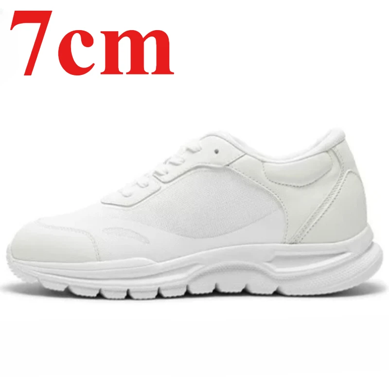 Korean Style Height-increasing 7cm White Board Shoes for Men's Mesh Leather Thick Sole Casual Sports Shoes Height Increase Shoes
