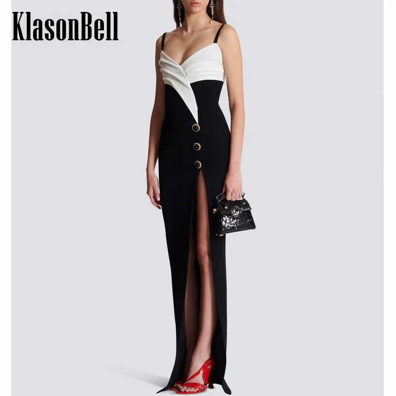 

8.2 KlasonBell Women Fashion Party Spaghetti Strap Maxi Dress Sexy V-Neck Spliced Color Ruched High Split Evening Dress