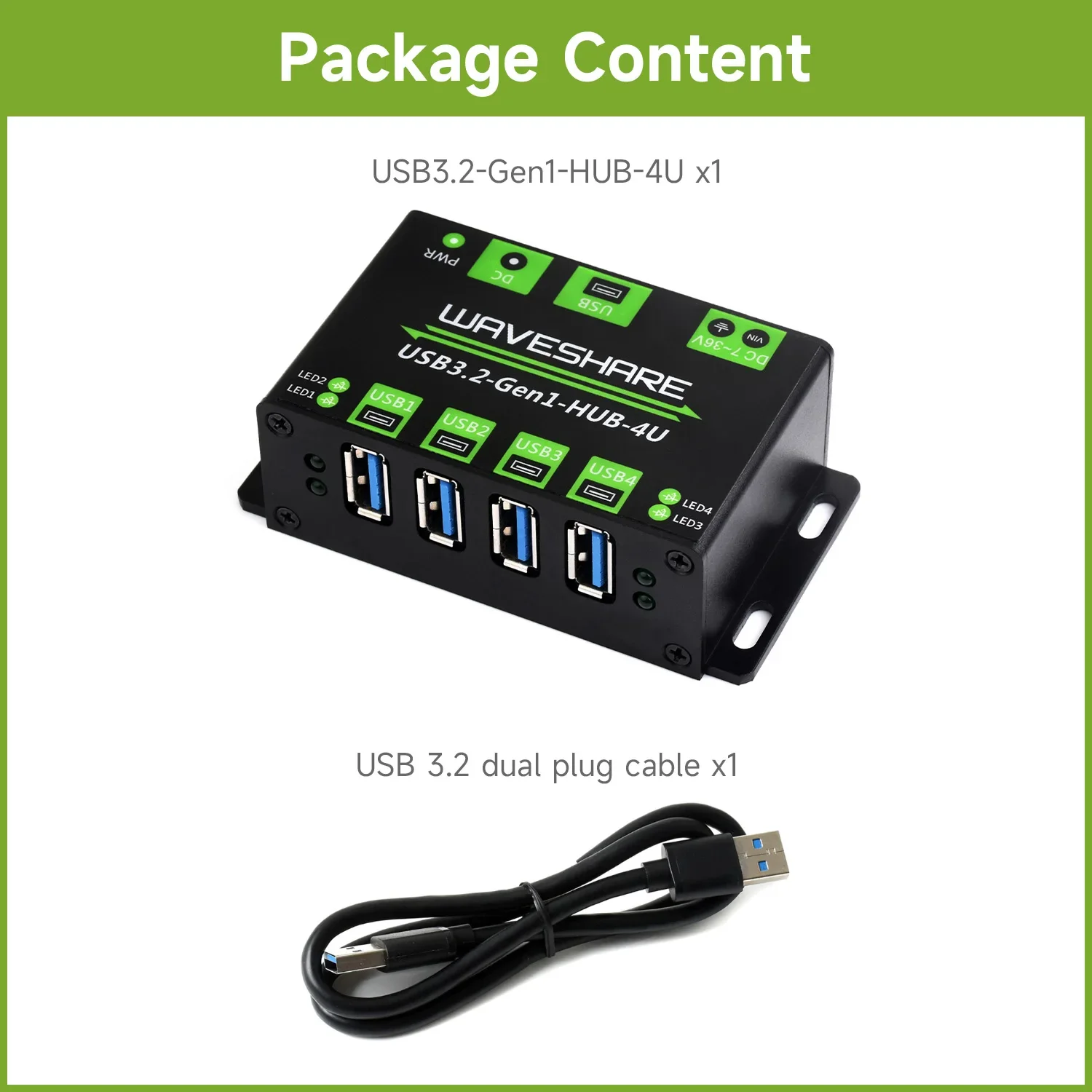 Waveshare 4-Ch USB 3.2 Gen1 HUB, Metal Case With Wall-Mount Support, Driver-Free, Plug-And-Play, for Windows macOS Linux Android