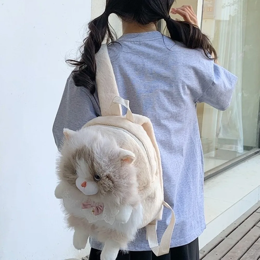 Fashion Soft Fluffy Cat Backpack Polyester Lining 3D Rucksack Novelty Realistic Shoulder Bag For Girls