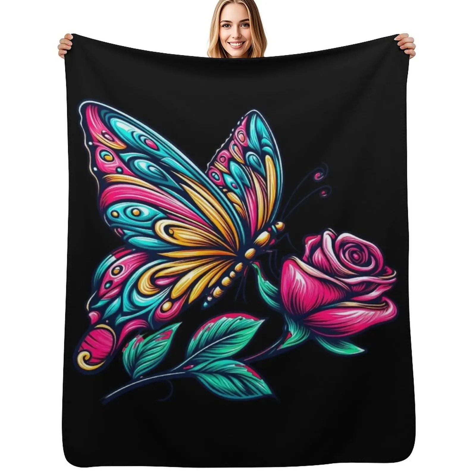 

Blossom Buddies: Cute Butterfly and Flowers Cartoon Throw Blanket Warm Plush Fuzzy Blanket for Living Room