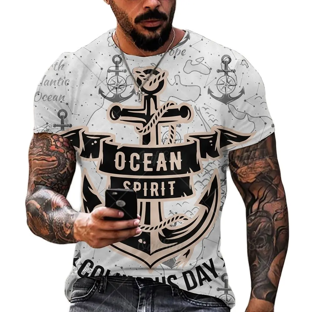 Camiseta con estampado 3D de ancla para hombre, camiseta de verano de secado rápido transpirable con cuello redondo, manga corta, estilo europeo y