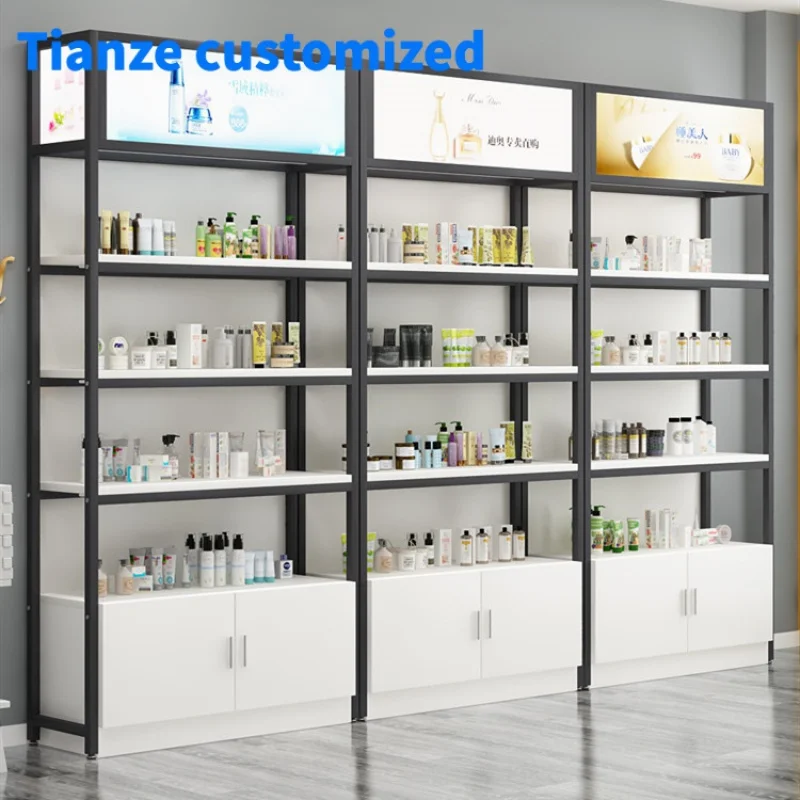 

（customized）Good Quality Supermarket Iron Wood Bookshelf Storage Rack Shelves Cosmetic Display Stand Cabinet with Light box