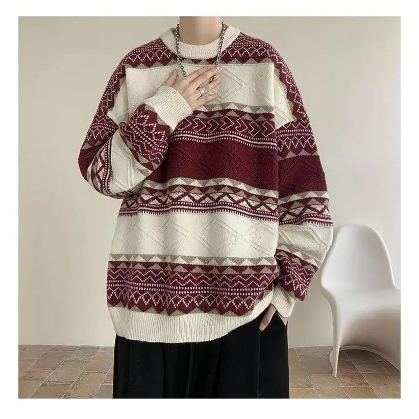 

Новый осенне-зимний мужской вязаный свитер, свободный крой, полосатый лоскутный дизайн, повседневная одежда с длинным светом, круглая теплая верхняя одежда