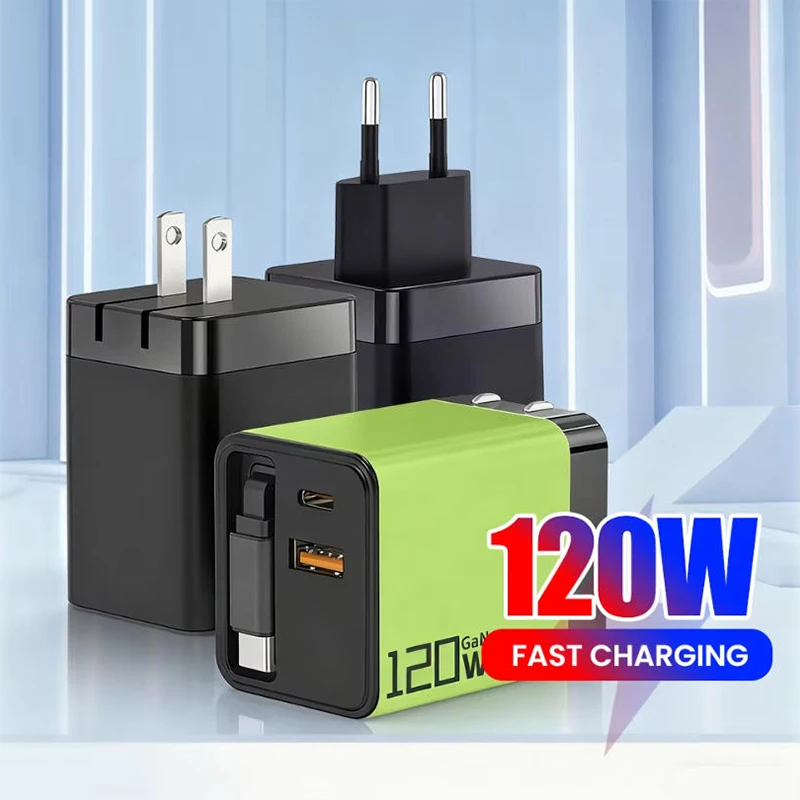 Carregador Rápido 3 em 1 120W GaN USB Tipo C com Cabo Tipo C Retrátil Plugue EU US UK para iPhone 17 16 Pro Xiaomi Samsung Huawei