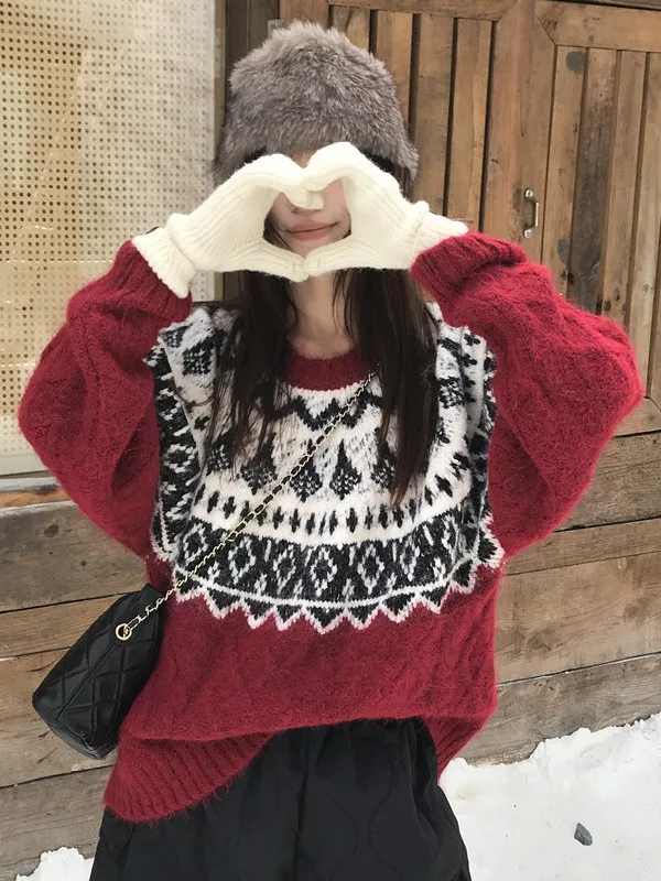 

Ретро ленивый круглый вязаный свитер Ne Fair Isle, женский зимний топ Thiened Design Sense, длинный вязаный свитер, верхняя одежда