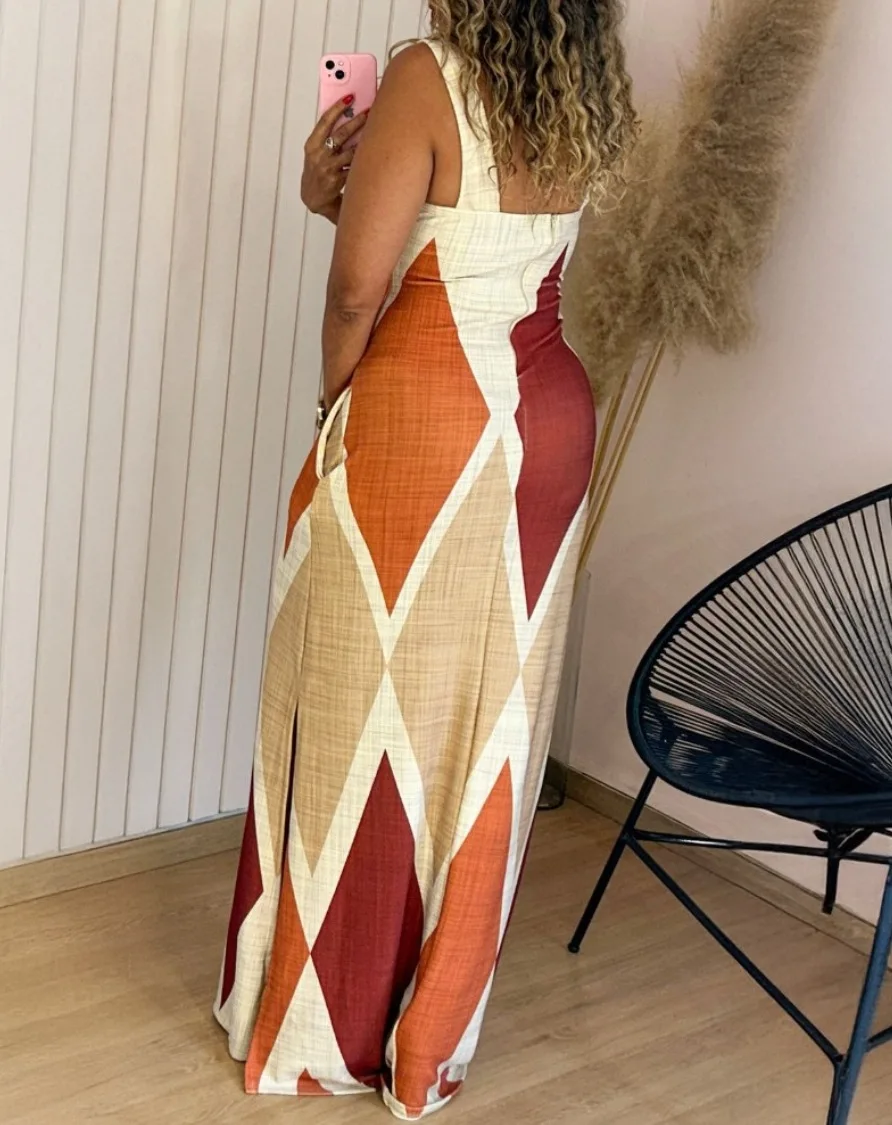 Boho Womens Summer Retro Geometric Print Casual Slim Fit Slit Dress Square Neck Sleeveless Strappy Elegant Commuting Dresses