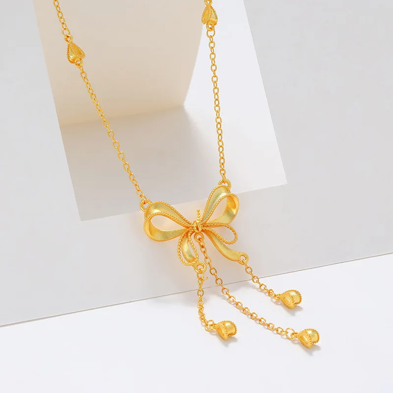 

Luxury 24K 9999 Pure Gold real gold Princess Tassel Bow Necklace Clavicle Chain