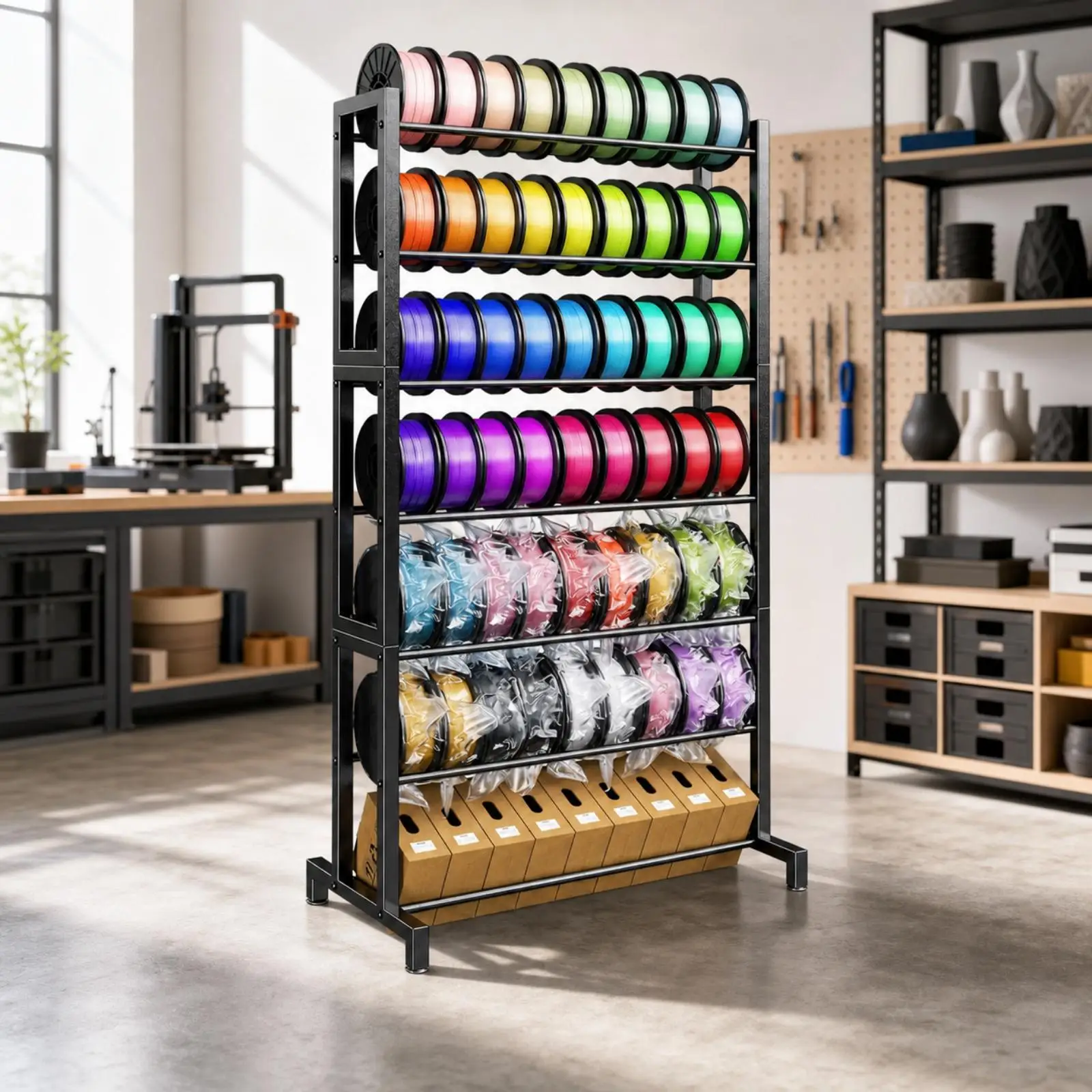 Freestanding Filament Storage Rack with Open Shelves for 3D Printer Spools and Workshop Tool Organizer Black