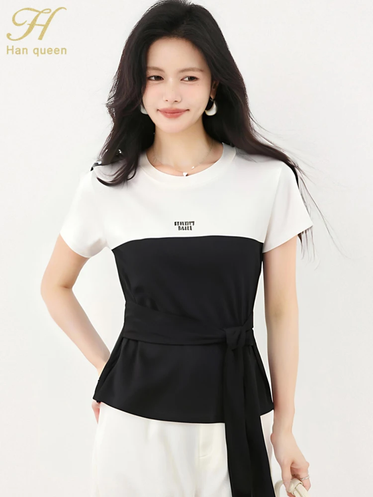 

H Han Queen 2025 Summer Short Sleeves Fashion Color Blocking Korean Style T-Shirt Casual Tops O-Neck Loose Tee Woman Clothing