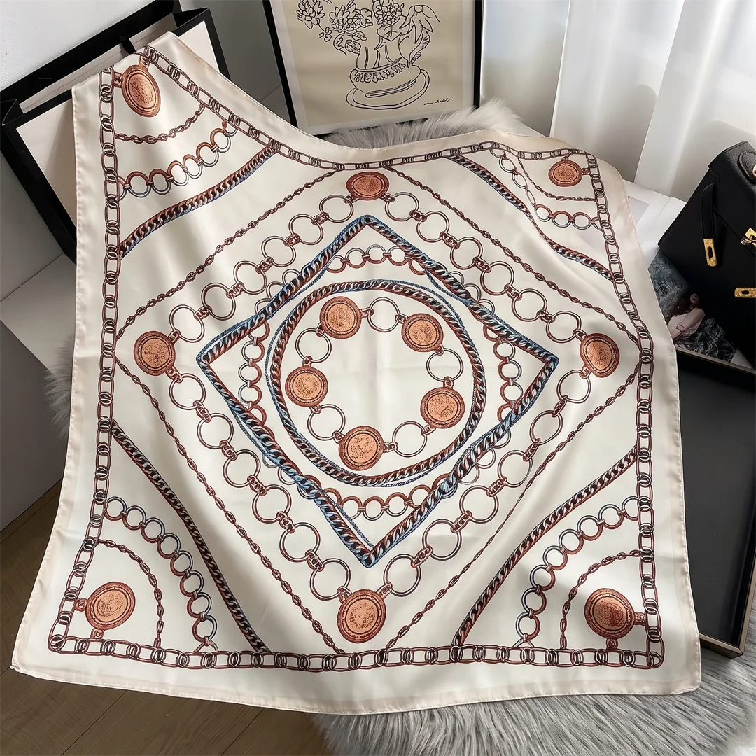 Chain Print Neckerchief Hijab Scarf For Women 90cm Silk Satin Headband Hair Scarves Female Square Shawls Ladies Head Bandana