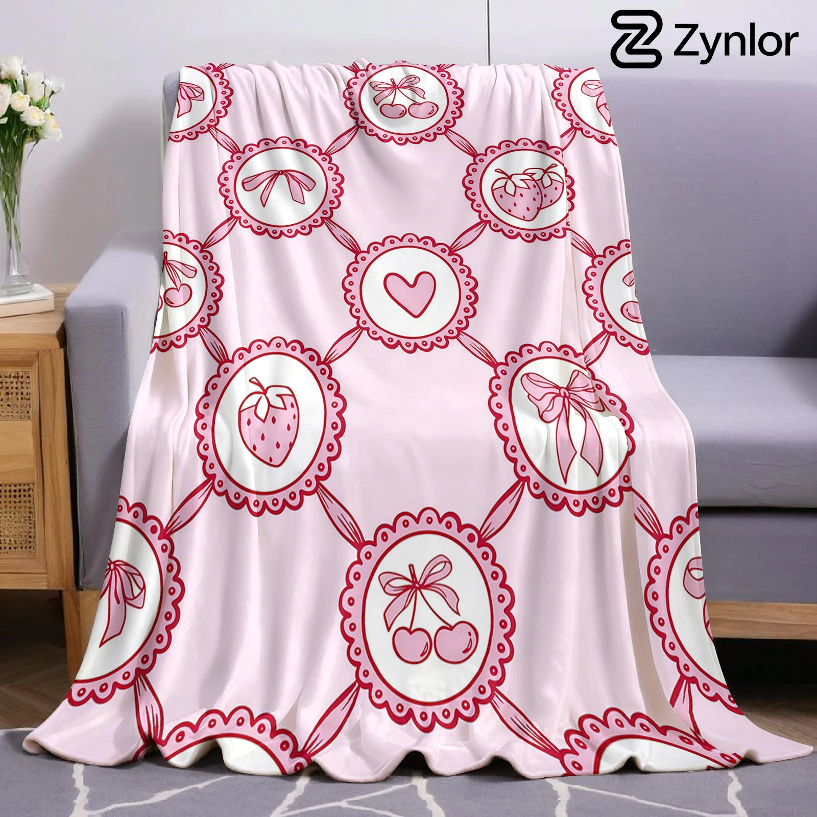 Lace Fruit Grid Cartoon Anime Print Flannel Blanket Soft Warm Throw for Kids Bedroom Sofa Bed Christmas Office Car