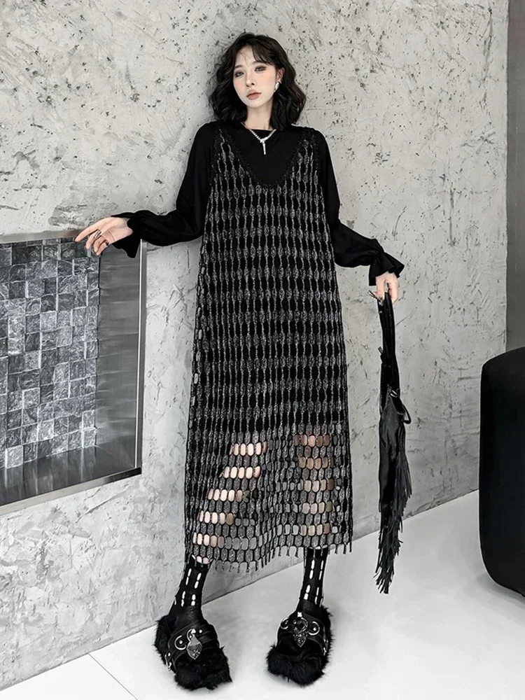 XITAO Gauze Hollow Out Patchwork Two Dresses Solid Color O-neck Long Sleeve Inside Sleeveless Vest Dress 2024 Autumn New HQQ2406