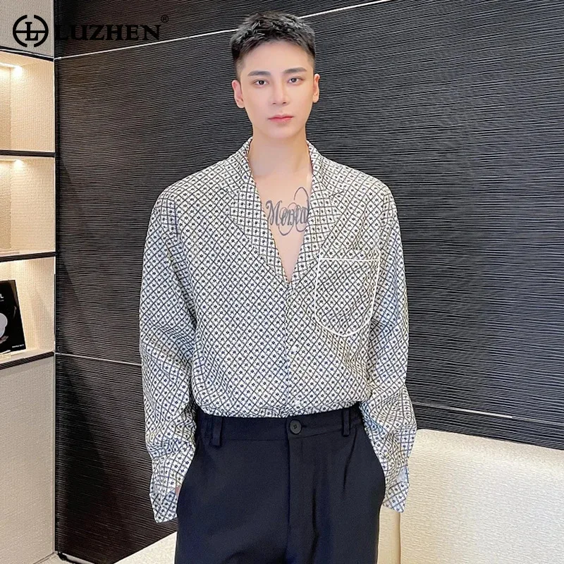 

LUZHEN Men's Shirt Embossed Pattern Suit Collar Fashion Temperament Pearl Button Long Sleeve 2024 Handsome Trendy Tops LZ6159