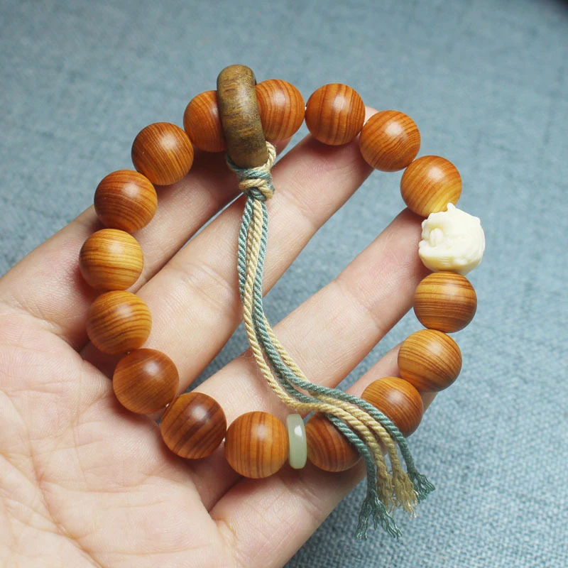 12mm high-oil content cypress wood bracelet with running ring lion design, forest style, unisex Buddhist prayer beads