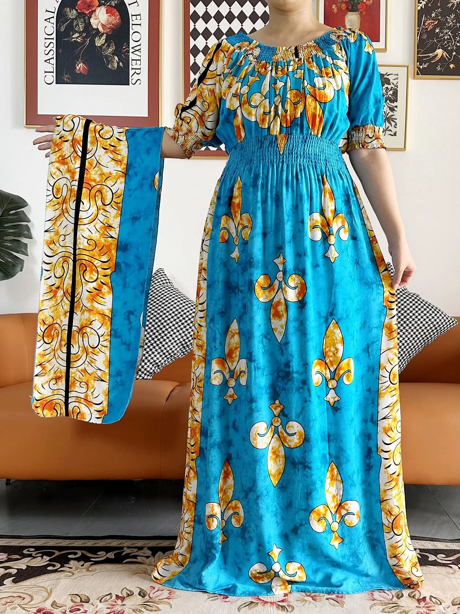 New African Women Dashiki Cotton Floral Dress Printing Summer Short Sleeve Collect Waist Straight Loose Size African Women Abaya