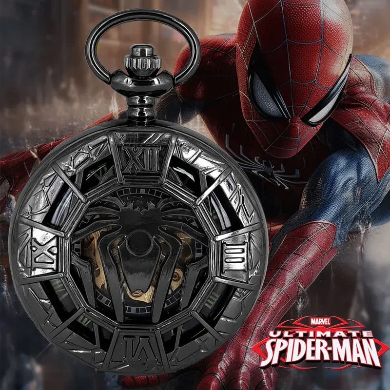 Marvel Spider-Man Pocket Watch Retro Hollow Quartz Flip Pocket Watch Steampunk Luminous Clock Necklace Pendant Birthday Gift