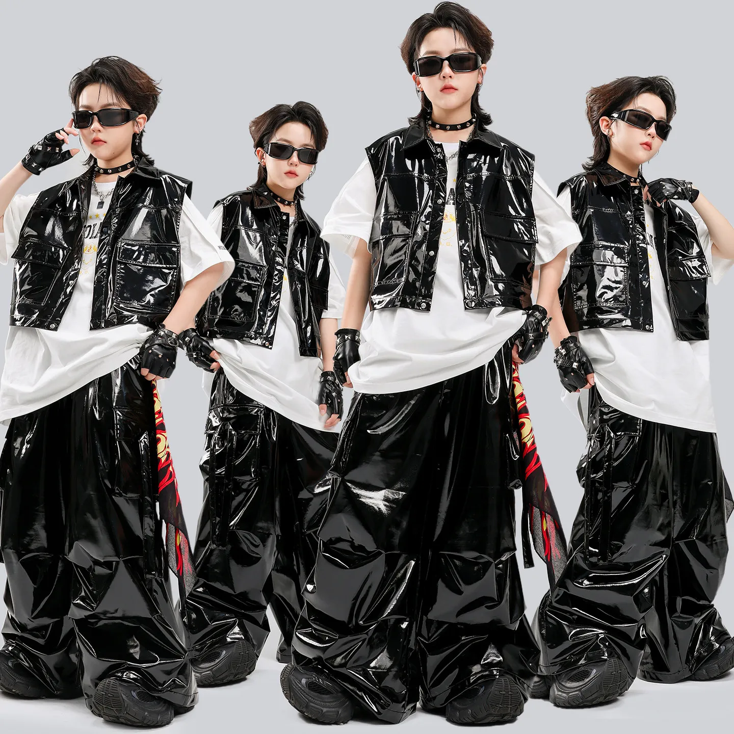 

Детские костюмы для джазовых танцев 2026 года для мальчиков, черные кожаные наряды, модная одежда для хип-хопа и рейвов DQS22858