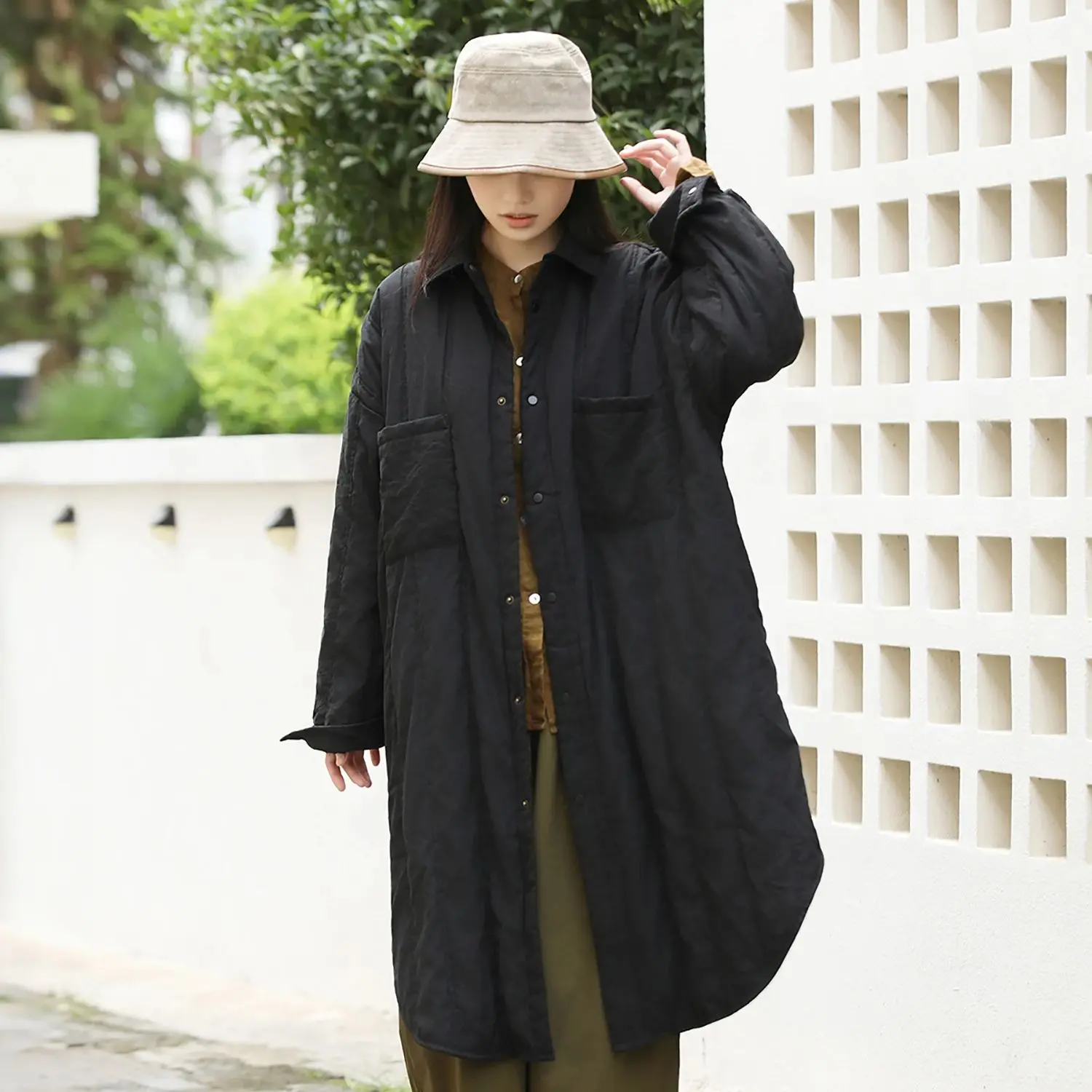 LZJN المرأة الشتاء الرجعية مستوحاة النمط الأدبي قميص طوق معطف مبطن فضفاض منتصف طول تصميم مع جيوب كبيرة عصرية #4