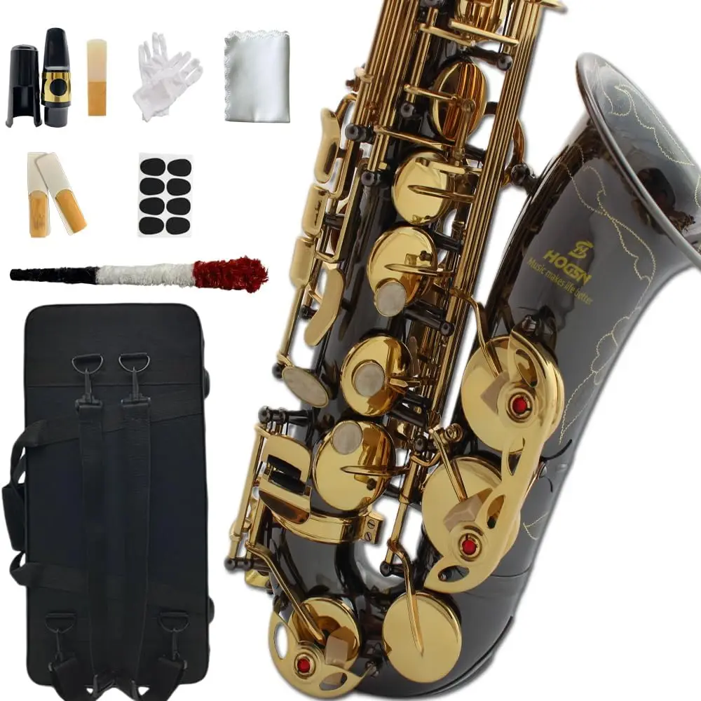 Professional E-flat Alto Saxophone, Black Nickel Finish with Golden Keys, Complete Set with Belt Box, Whistle, and Cleaning Kit