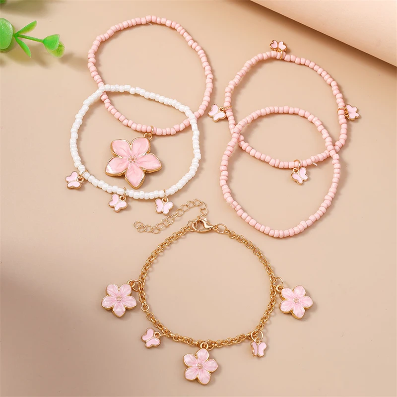 5-teiliges Set Modische Handgefertigte Perlenarmbänder für Frauen, Blumen-Charm-Armbänder, Schmuckgeschenke für Mädchen, Party, Festival – Detail 4