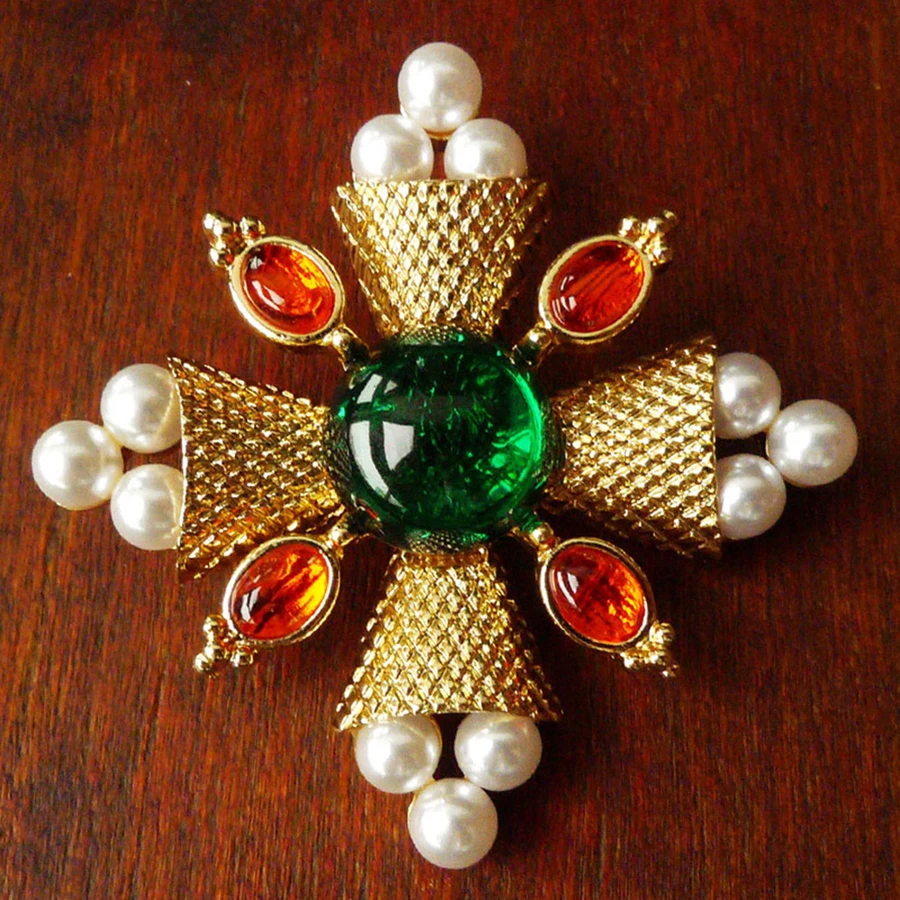 Vintage Palace Antique Re-engraved Color Treasure Brooch Colorful Gems Pearl Brooches Wedding Party Pins Jewelry
