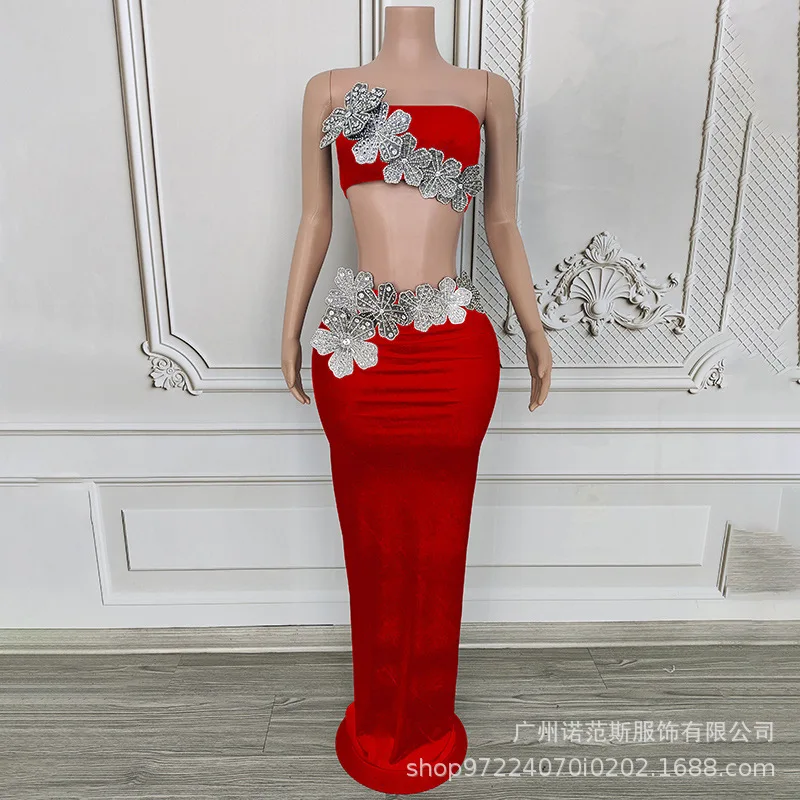 Borstomslag Driedimensionale bloemfluwelen splitpak Prestatiepak Zangeres High-end sfeervolle jaarvergaderingjurk