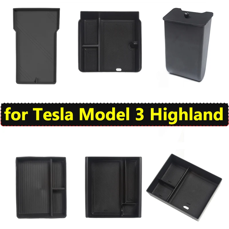 Per Tesla Model 3 Highland 2024 Center Console Storage Box Set bracciolo vassoio nascosto Organizer Cup tappetino di ricarica Wireless pattumiera