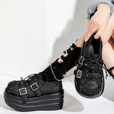 Punk Style Shoes Female Lace-Up Platform Thick Bottom Muffin Shoes Gothic Dark Solid Color Wedges Rock New Designer Luxury Brand