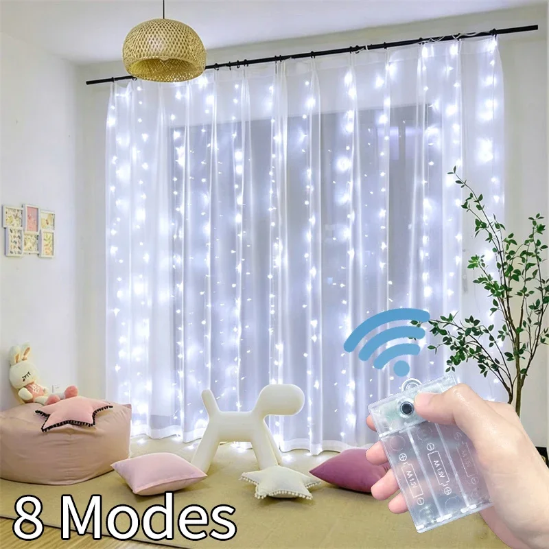 Christmas LED Curtain Lights 8 Modes AA Battery Powered Bay Window String Lights Wedding Valentine's Day Garden Halloween Decor