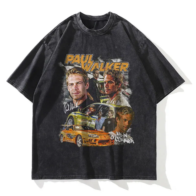 Paul Walker Print T-Shirt Actor Walker IV Fast & Furious Tops Tees Vintage Washed Short Sleeve Oversized T-shirt Streetwear Men