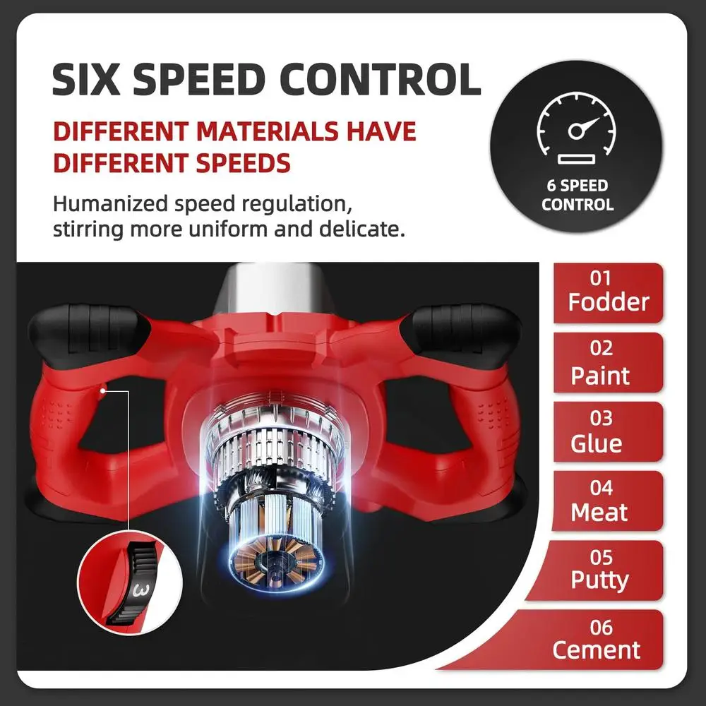 Portable Handheld Cement Mixer 2100W 6-Speed Mortar Mixing Tool Kit Blades Brushes Wrenches