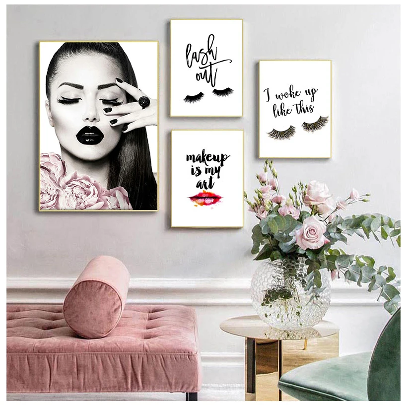 Fashion Beauty Makeup Girl Red Lip Eyelash Print Art Canvas Poster For Living Room Decor Home Wall Picture