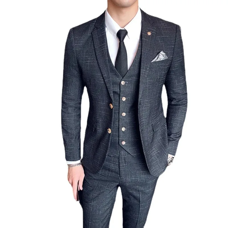 

S-7XL ( Blazer + Vest Pants ) Groom Wedding Dress Dark Plaid Classic Retro Men's Formal Business Suit Three-Piece Set